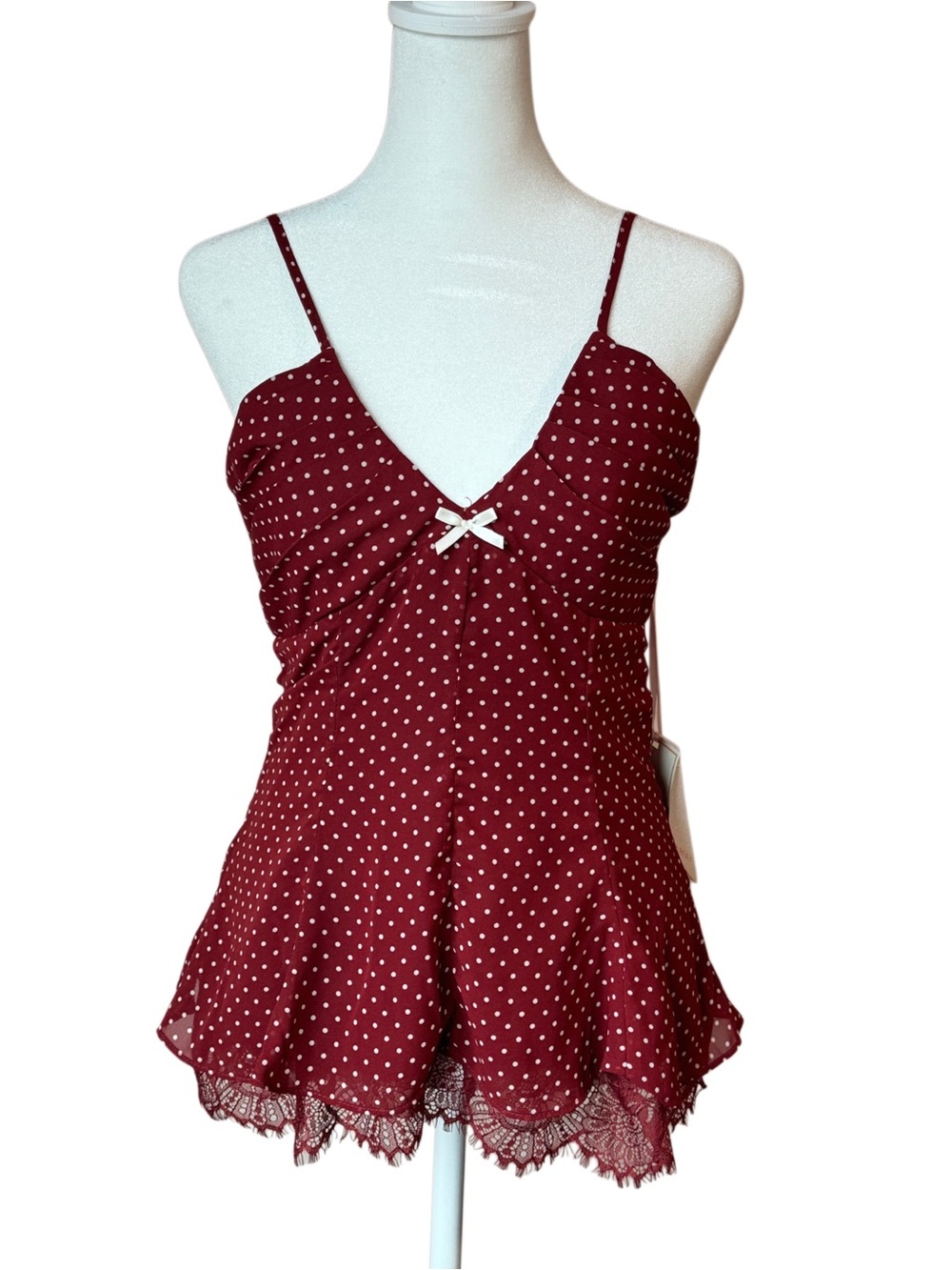 Viora Lane Burgundy Polka Dot Lace Babydoll Top NWT